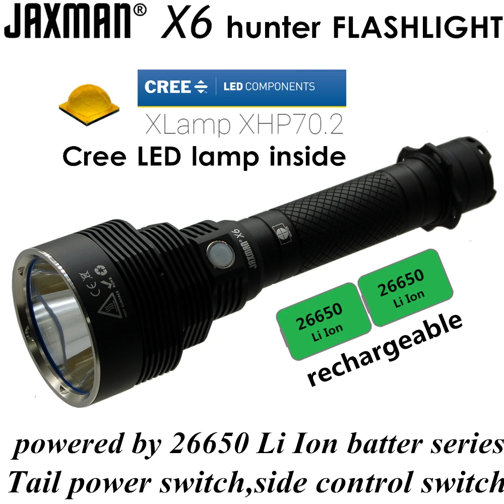 

JAXMAN X6 hunter XHP70.2 26650 heavy hard light LED flashlight for night hunting self defense free shipping