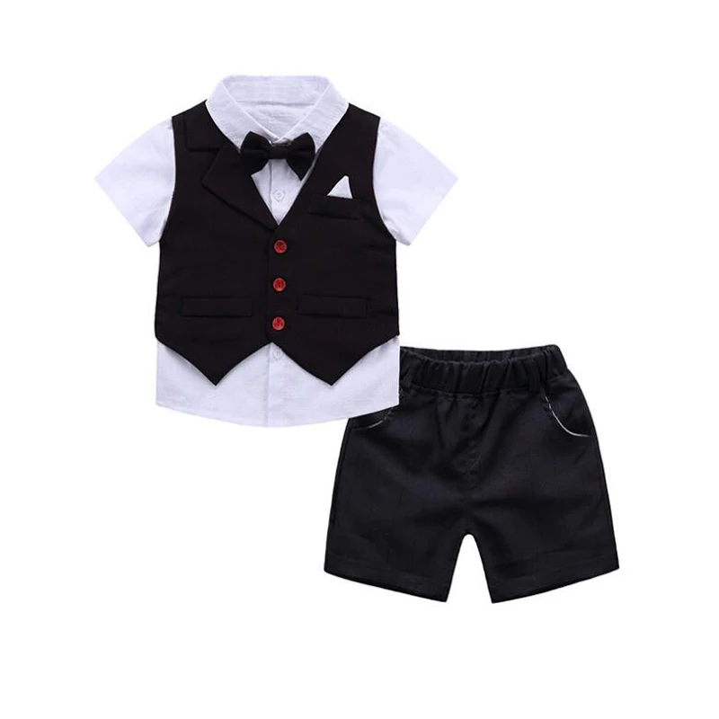 Comprar 3 uds. Conjunto de traje de niños, niños, ropa de fiesta de boda, niños, camiseta de manga corta + chaleco + Pantalones cortos, conjunto de ropa, 2 9 años