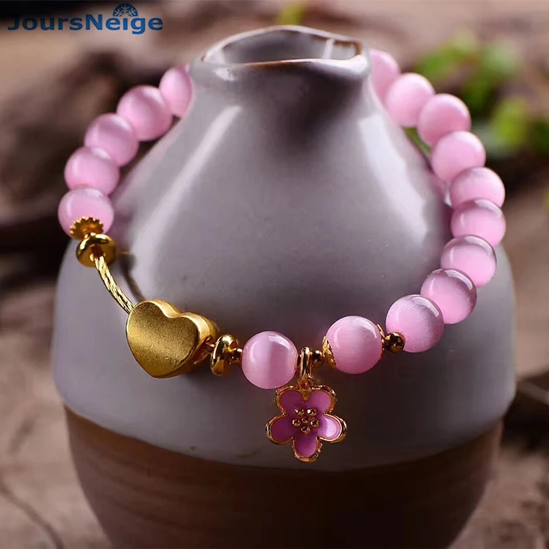 

JoursNeige Pink Natural Cat Eye Stone Bracelets Keep color Heart-shaped Flower For Women Girl Bracelet Original Design Jewelry