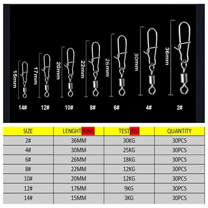 30PCS 2# 4# 6# 8#10# 12#14# Stainless Steel Fishing Connector Pin Bearing Rolling Swivel Snap Pins Fishing Tackle Accessories - Image 4