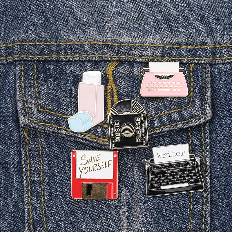 QIHE JEWELRY Music Typewriters Save yourself USB Disk Enamel Pins Black Red Pink Brooches Badges Jewelry Women Men's Lapel pin |