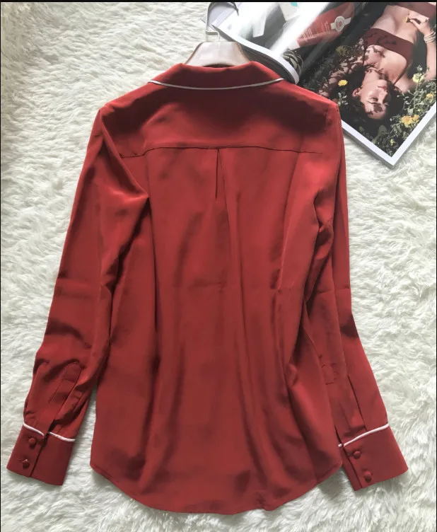 Шелк белый красный длинный рукав Blusa Feminina модные однотонные женские пижамные топы с передним карманом