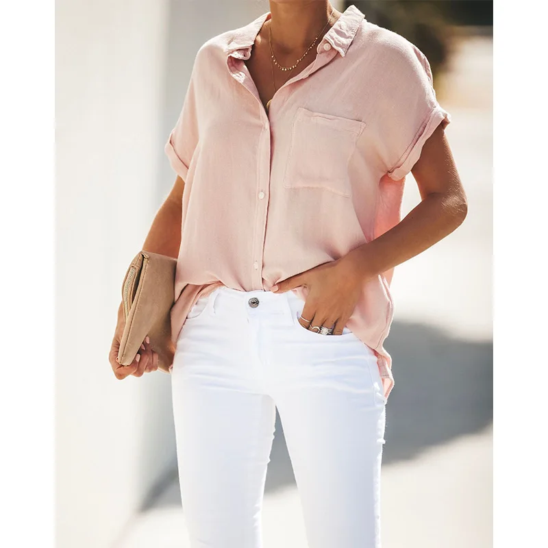 Летняя повседневная женская блузка с отложным воротником, короткий рукав, карман, свободная однотонная белая блузка, женские топы, blusas mujer de moda - Цвет: pink