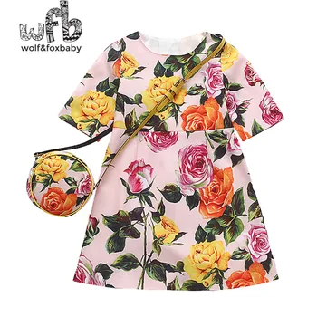 

Retail 2-8 years short-sleeve girl print dress + flower bag children summer