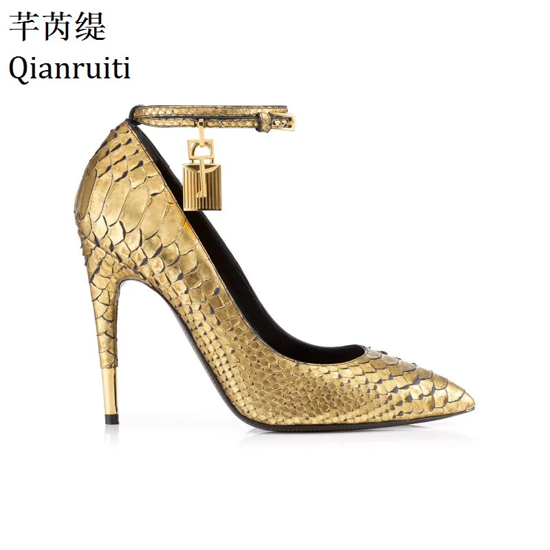 

Qianruiti Gold Faux Snake Leather High Heels Ladies Shoes Metal Padlock Women Shoes Sexy Pointed Toe Buckle Strap Women Pumps