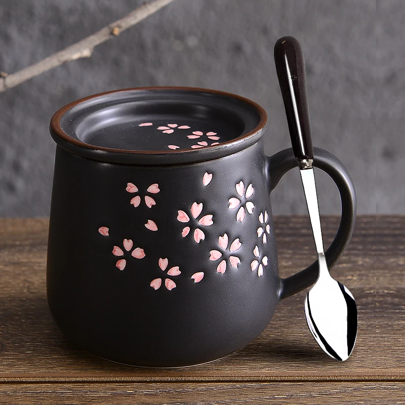 400ml Japanese cherry patten ceramic milk coffee tea mug with spoon and
