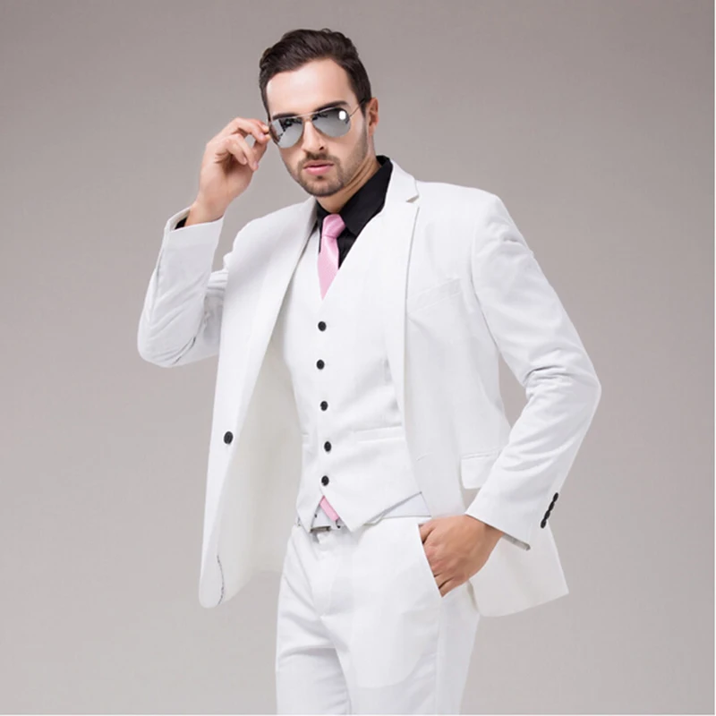 Italian Luxury Mens Optic White Suit Jacket Pants Formal Dress Men Suit mens wedding suits groom tuxedos(jacket+pants+vest+tie)