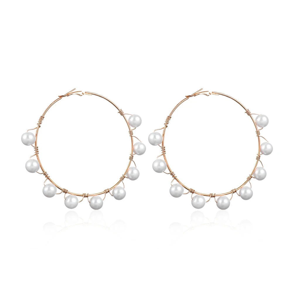 Boho White Imitation Pearl Round Circle Hoop Earrings Women Gold Color Big Earings Korean Jewelry Brincos Statement Earrings - Окраска металла: B1