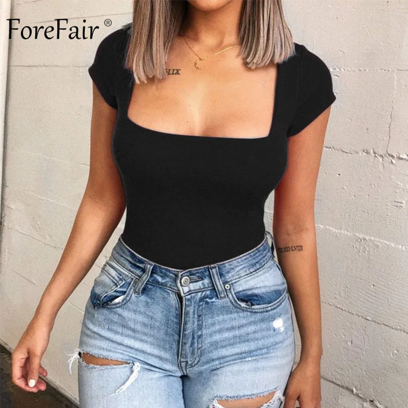 Forefair ارتداءها المرأة الصيف حللا مثير Bodycon قصيرة الأكمام ساحة الرقبة الأساسية المآزر الأحمر الأسود الأبيض الجسم أعلى 2019