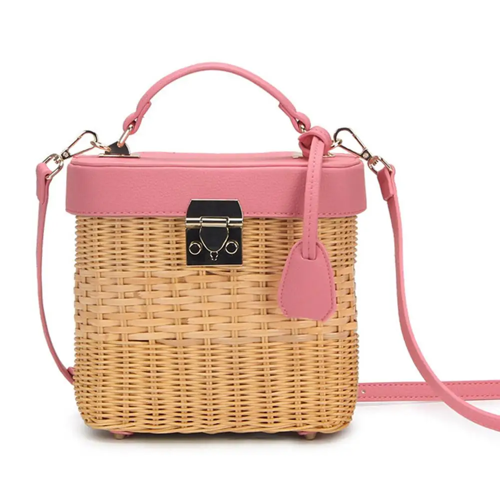 Women's Leather Strap Single-shoulder Crossbody Bag Handmade Woven Round Rattan Bag Home Cosmetic Mobile Phone Storage Bag - Цвет: Pink