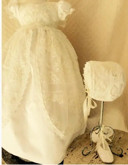 

2016 Baby Infant Toddler Baptism Gown Christening Dress Robe Flower Lace Applique Baby Girl Boy 0-24month WITH BONNET