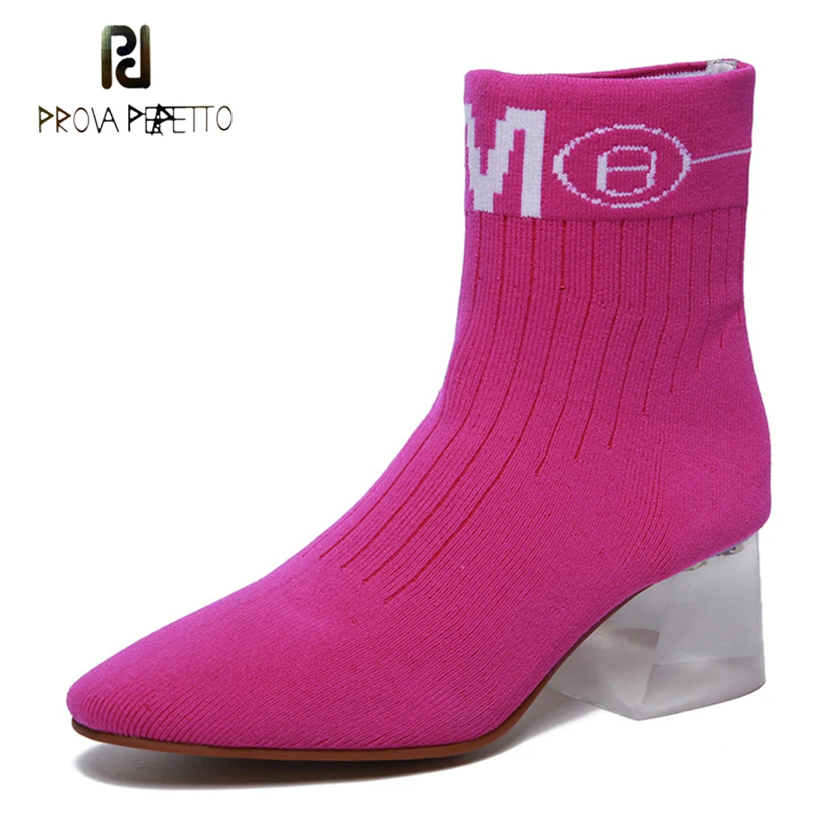 

Prova Perfetto newest round toe crystal transparent chunky heel ankle boots women white word patchwork stretch knit sock boots