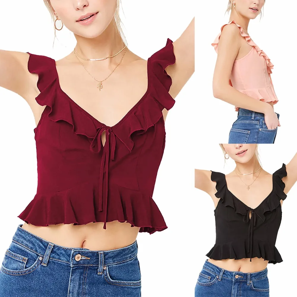 

Gladiolus Casual Summer Pure Color Sleeveless Crop Tank Tops Fashion Slim Vest Ruffles Bustier Vest Bralette Women Sexy Clothing