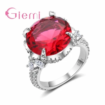 

Luxury Big Red Zircon Ring 4 Claw Classic Round Wedding Party Bijoux for Women Lover Best Gift 925 Sterling Silver Jewelry