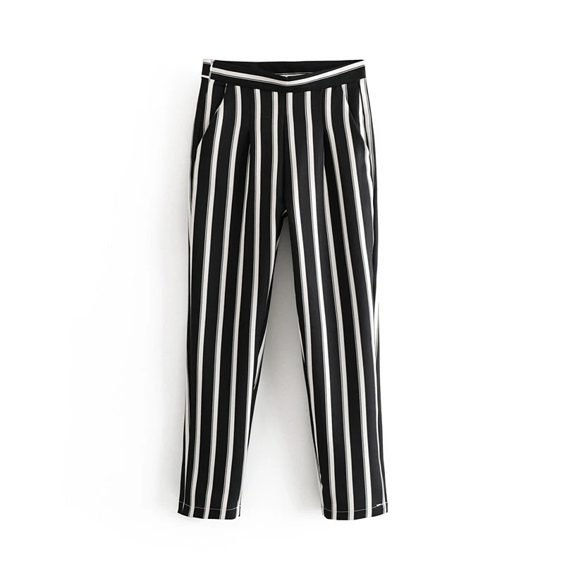 

2019 Women Fashion Black With White Striped Long Pants Female Chic High Waist hm Straight Trousers Street-wear pantalon femme