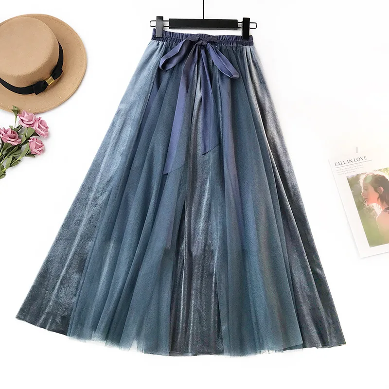 YuooMuoo Осенняя винтажная сетчатая женская синяя юбка до середины икры с поясом, высокая талия, кружевная Женская Лоскутная юбка с поясом, однотонная длинная Плиссированная юбка