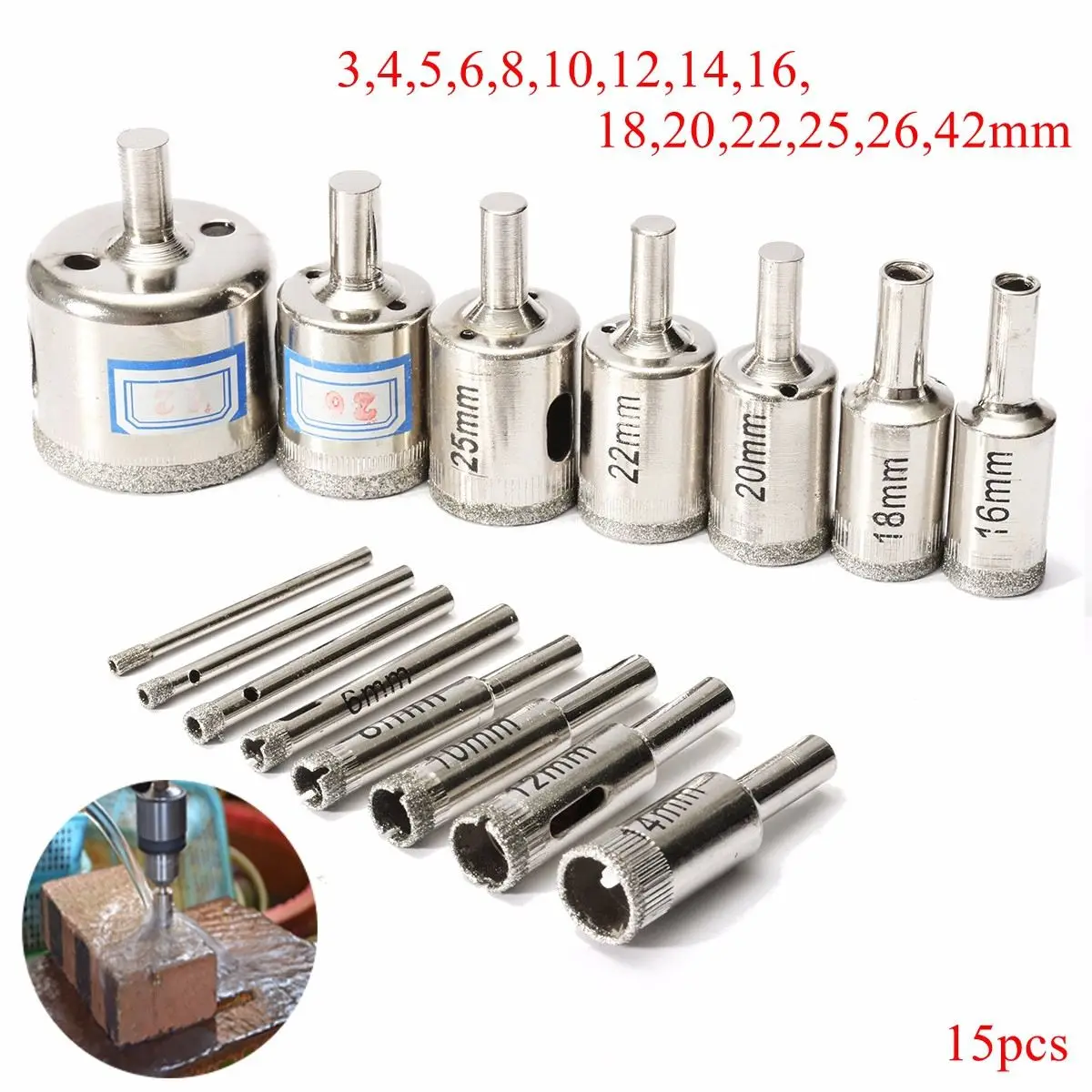 15pcs/set Marble Drill Bits 3mm 42mm Diamond Hole Saw Cutter Tool for