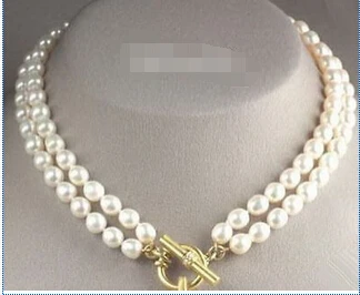 

FREE SHIPPING2 Rows Genuine 7-8 mm White Pearl 18KGP Clasp Necklace