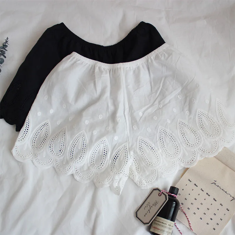 

Embroidery Lace Decoration 100% Cotton Loose Thin Women Summer Safety Pants Shorts Basic Pants Liner Under Dress Free Shipping