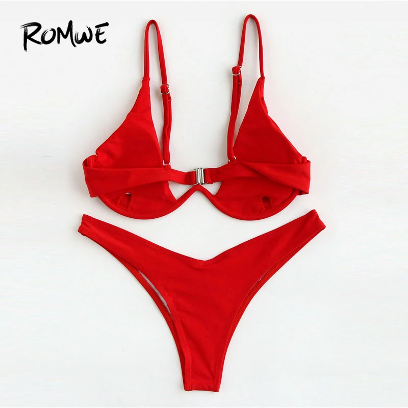 Romwe Sport Red Sexy Plunge Neck Push Up Underwire Bikinis High Cut Bikini Sets Women Beach Vacation Pool Padded Swinwear Suits