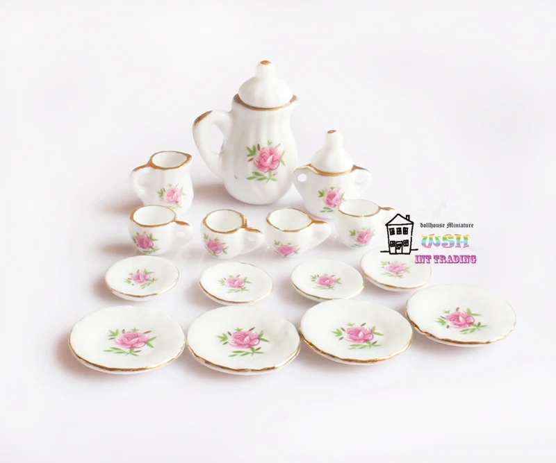 

1/12 Miniature 15PCS Tea Cup Set Pink Rose and Golden Trim Porcelain Tableware Kit Dollhouse Kitchen Accessories