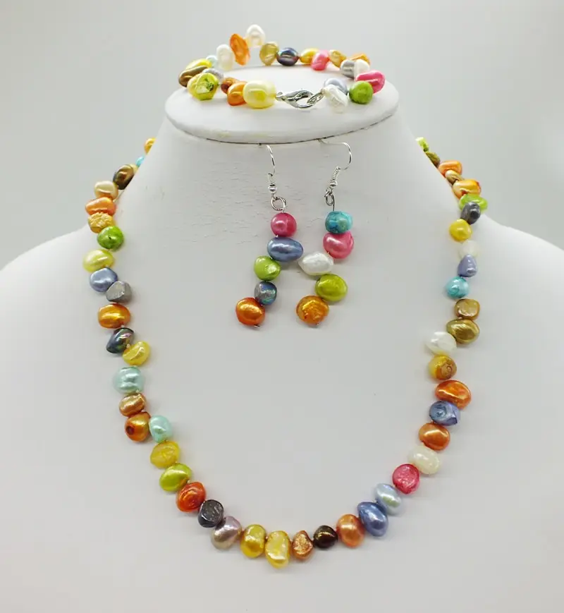 Free Shipping.10PCS/LOT 8-9MM Mixed Natural Baroque Pearl Necklace / Stud Earrings / Bracelet Set
