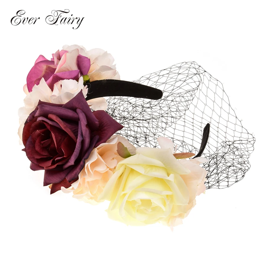 

EVER FAIRY Korean Fashion Rose Flower Veil Hairband Floral Crown Hair Accessories Handmade Flowers Headband Festival Hair Bands