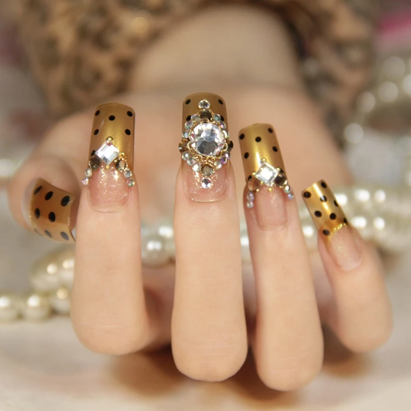 Flat Top Fake Nails Pre Designed Gold Clear Long Size Large Flat Top Fake Nails Pre Designed Gold Clear Long Size Large Stones Manicure Nail Decoration Z129 In False From Beauty Health On Aliexpress