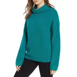 Модные женские туфли зима Высокая шея свитер вязаный сплошной Цвет Свободный пуловер Топ