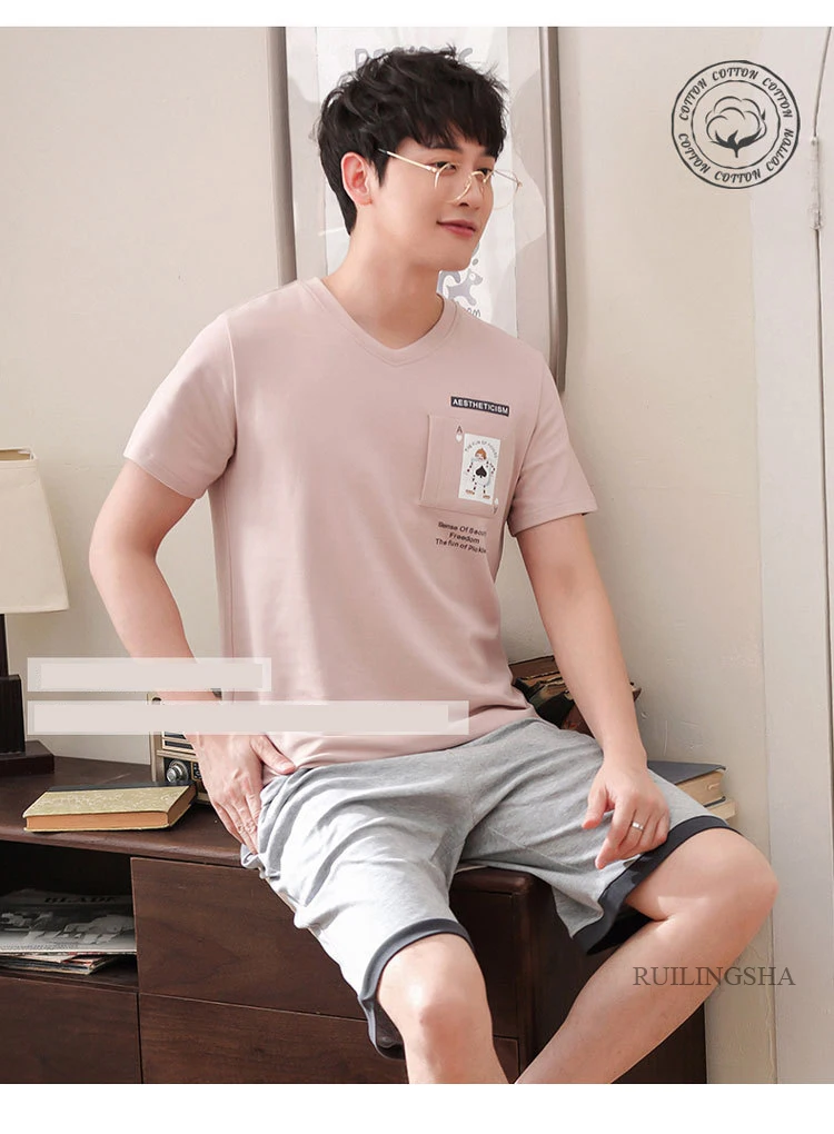 Мужские хлопковые летние новые корейские удобные дышащие шорты с короткими рукавами тонкие повседневные пижамные комплекты пижамный