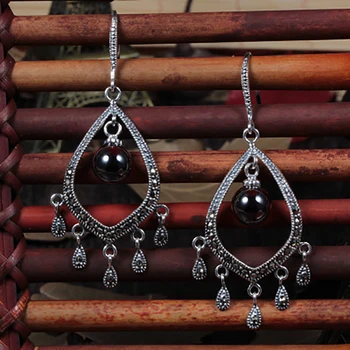 

925 Silver Bohemian Retro natural semi-precious stones fashion women tassel long earrings exaggerated retro red Jewelry