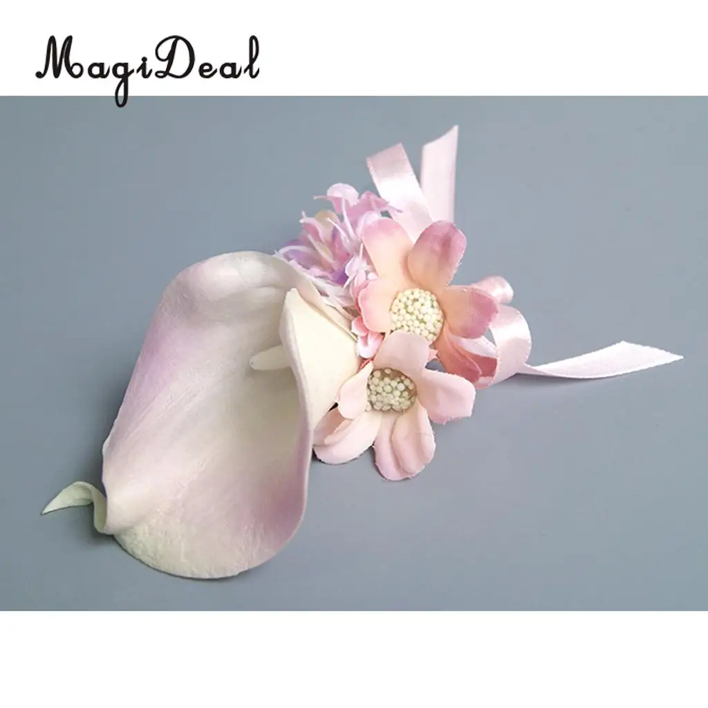 MagiDeal Handmade Fabric Calla Boutonniere Corsage Flower for Bride Groom Wedding Formal Party Accessory Pink/Purple 14 x 9 x4cm