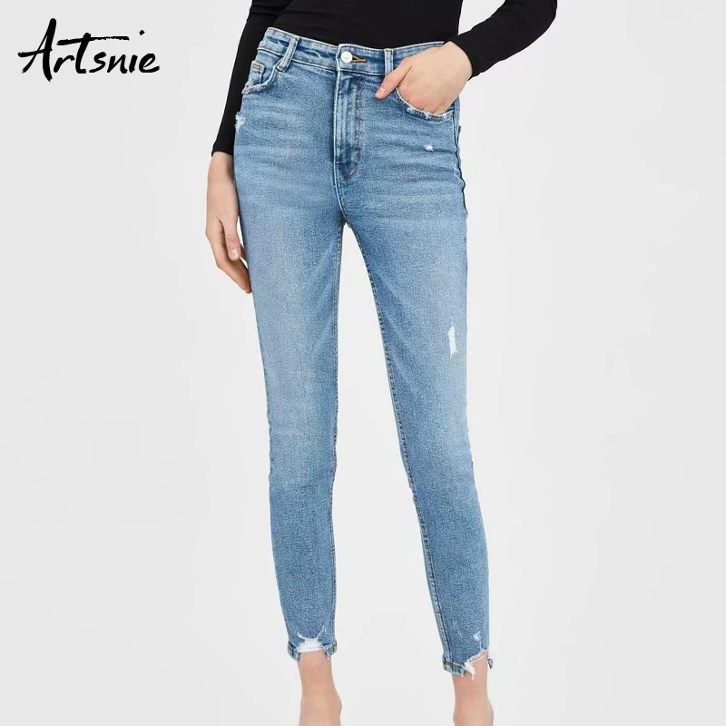 Artsnie high waist casual denim pencil pants women summer