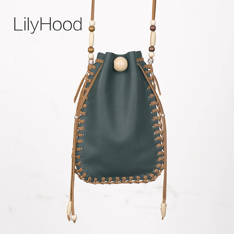

LilyHood 2018 Female Real Leather Small Bag Handmade Wood Ibiza Bead Hippie Gypsy Folk Tribal Bohemian Boho Music Feminine Bag