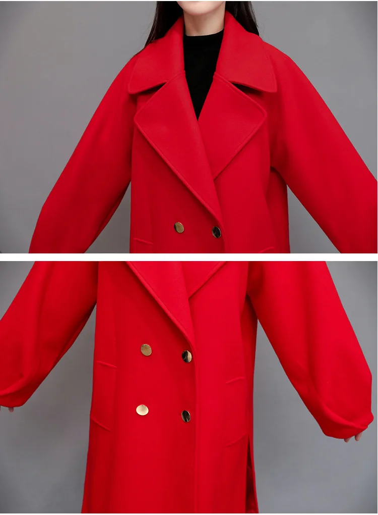Décontracté Longues Cachemire D'hiver Veste Rouge Femmes Solide Taille Laine 2018 Manteau Col Breasted down Double Turn Large À De Poches rq4Ar