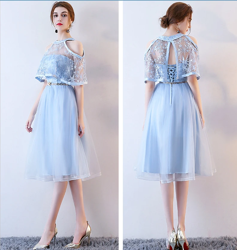 Светло голубой О образным вырезом кружево скромные короткие простые тюлевые Платья для подружек невесты из Китая для женщин платье