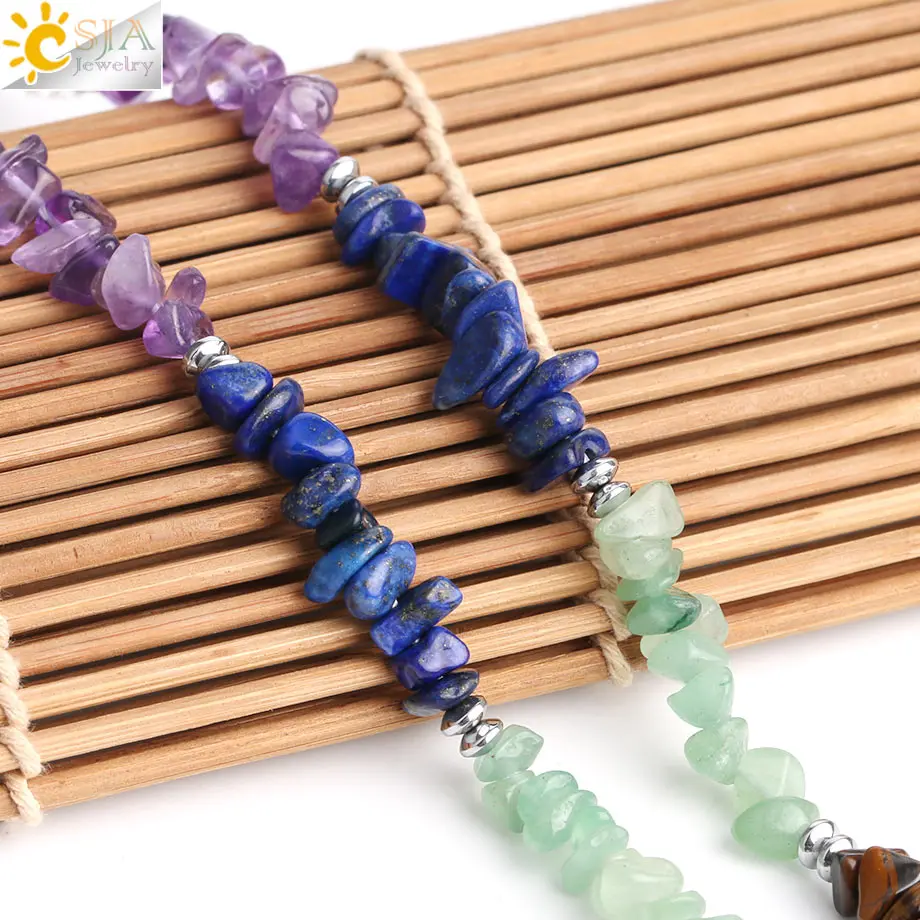 CSJA Healing Yoga 7 Chakras Beads Pendants Long Necklaces Women Natural Stone Chip Statement Necklace Chain Reiki Jewellery S407