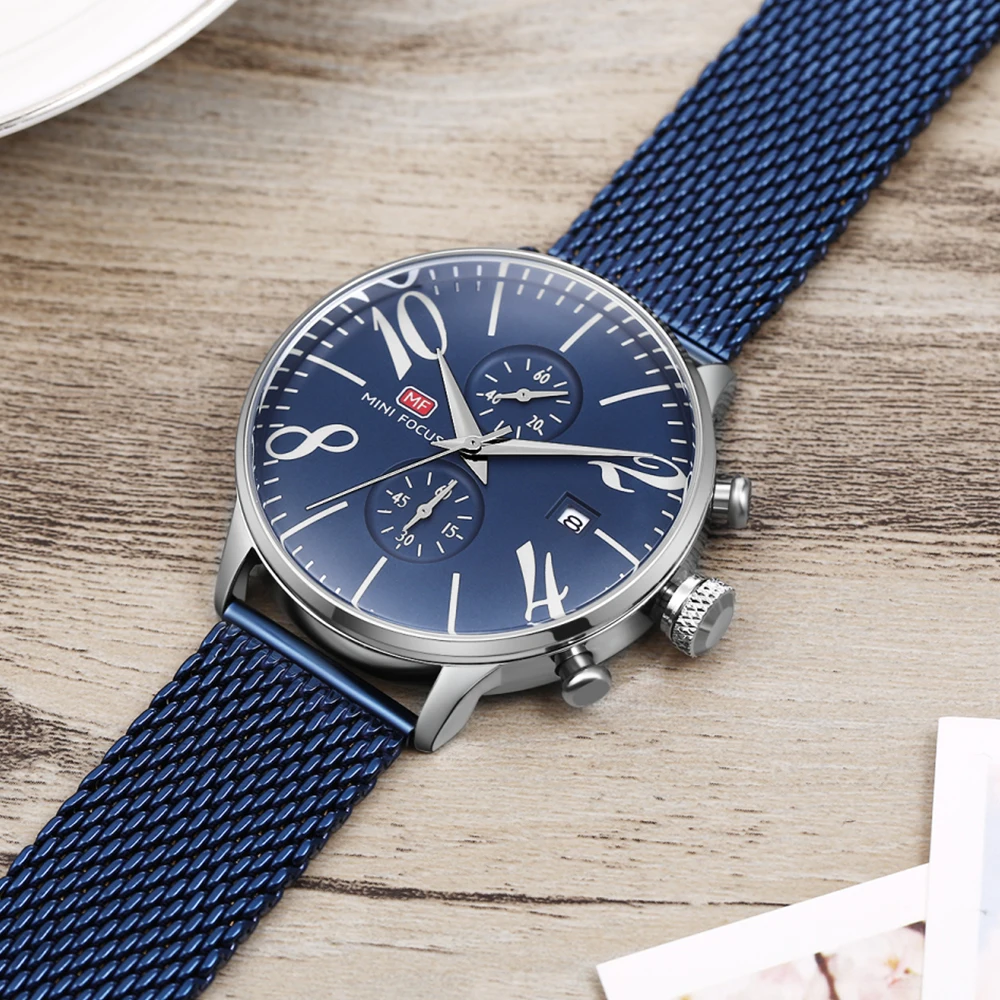 MINIFOCUS Man Quartz Stainless Steel Mesh Belt Chronograph Watch Men Relogio Masculino Fashion Brand Clock For Male Reloj Hombr