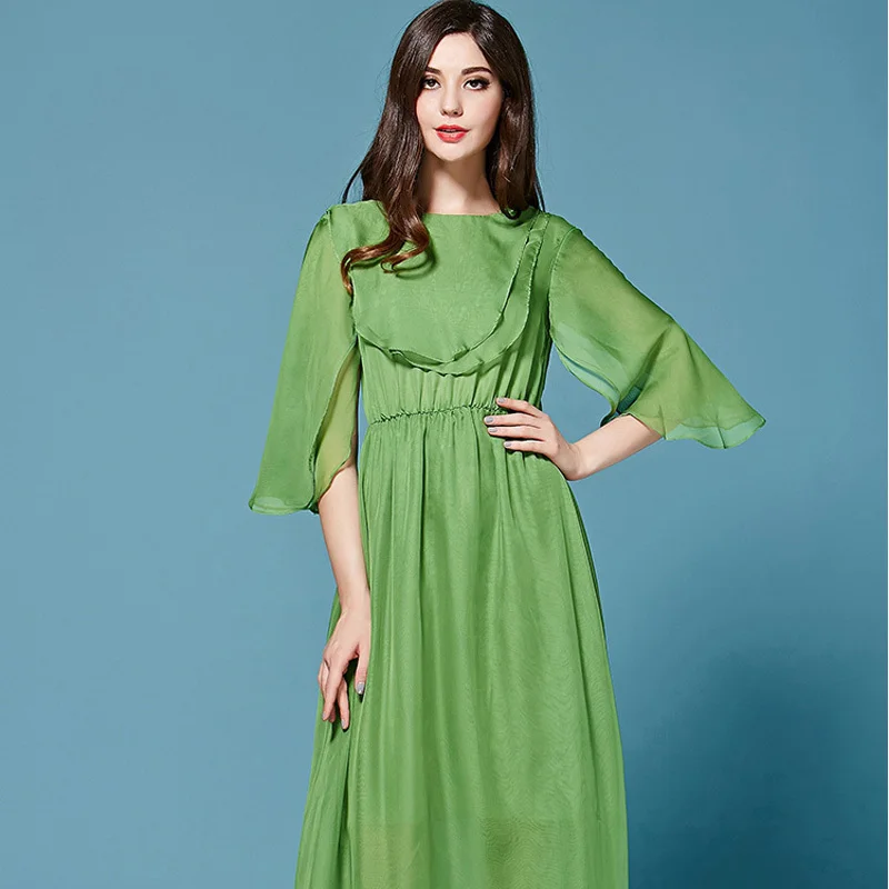 Brand Dress Free Shipping 2015 New Runway Style Petal Sleeve Green Flowing Ruffle Chiffon Maxi