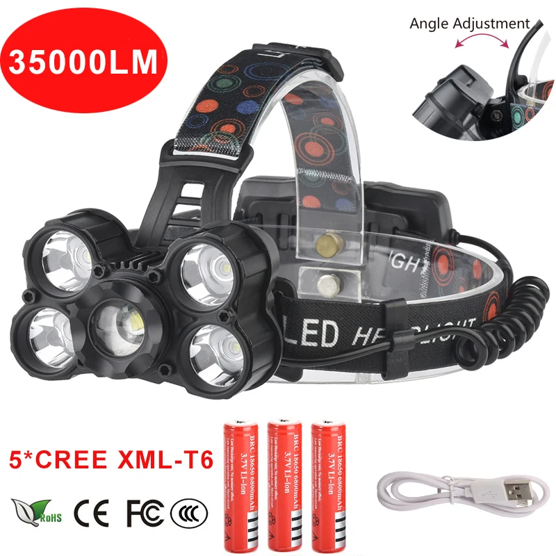 

35000lm LED Head Lamp Zoomable Headlamp 5 leds XM-L T6 Headlight Rechargeable lampe frontale +18650 Batteries