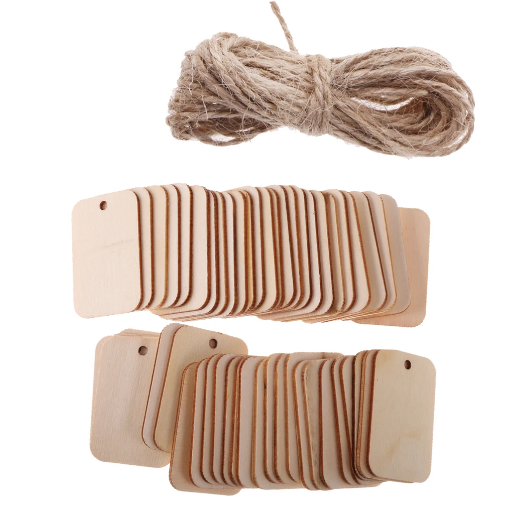 50 Pieces Wooden Rectangle Craft Shape Tag Embellishment for Craft with Rope Unfinished Wood Cutout Chips for Pieces Arts