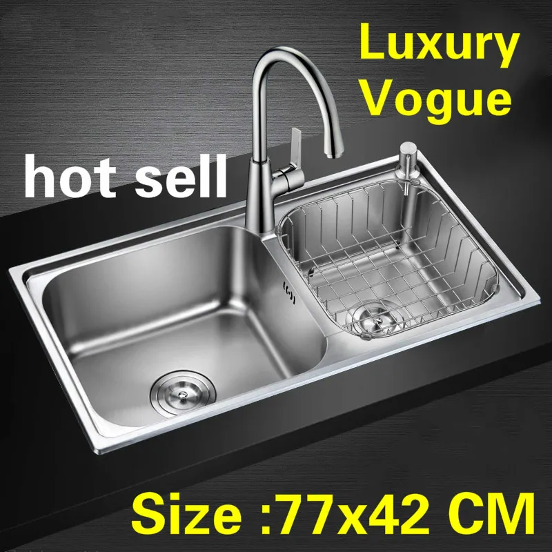

Free shipping Standard individuality kitchen double groove sink food grade 304 stainless steel whole drawing hot sell 77x42 CM