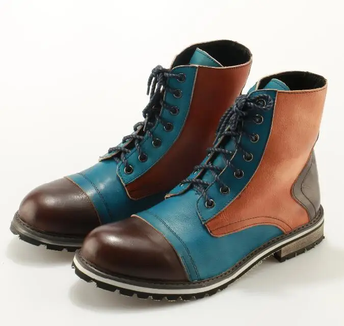 

Eunice Choo Mixed Color Patchwork Genuine Leather Men Ankle Boots Lace Up Retro Design Cowboy Martin Boots Stylish Men Shoes