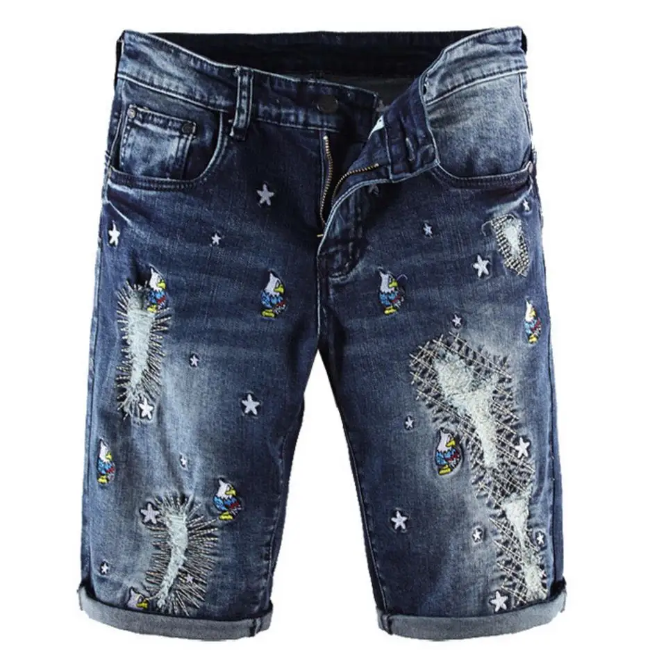 Summer Fashion Mens Jeans Shorts Dark Blue Embroidery Ripped Short
