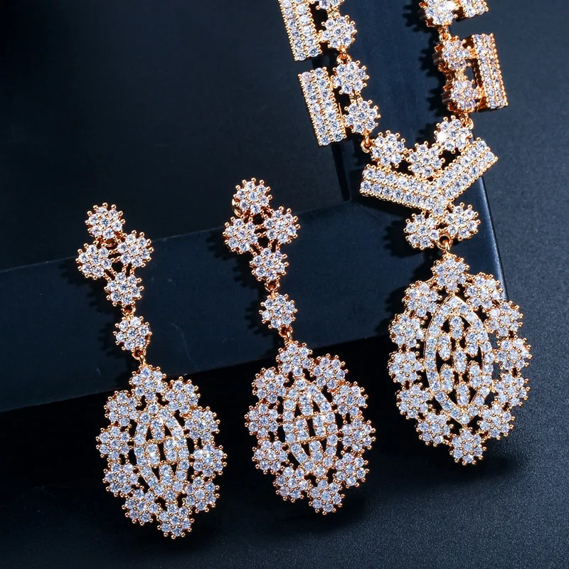 CWWZircons Full African CZ Crystal Bridal Wedding Necklace Earrings Dubai Gold Color Costume Jewelry Sets for Women T106|Ювелирные