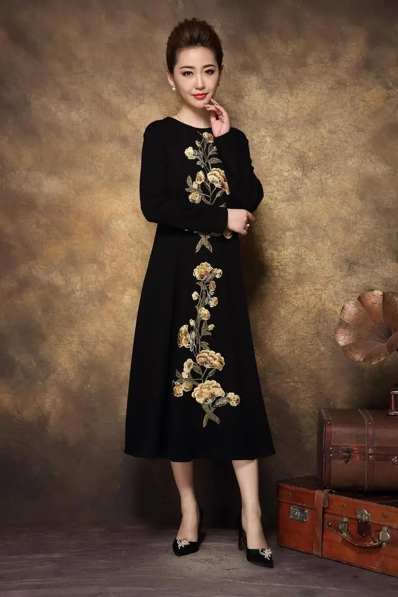 Осеннее женское Винтажное с цветочной вышивкой трикотажное длинное платье для женщин среднего возраста элегантное платье размера плюс повседневное vestidos L-XXXXL