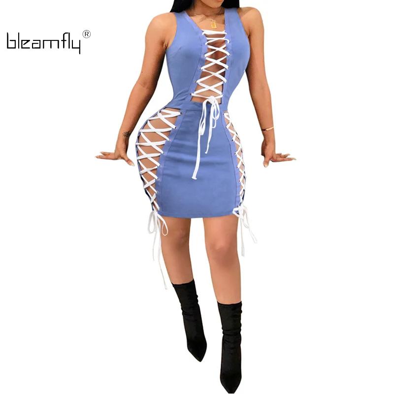 

Summer Sexy Bodycon Dress Women Sleeveless V-Neck Sheath Mini Short Dresses Vintage Solid Color Lace Up Dress Black White