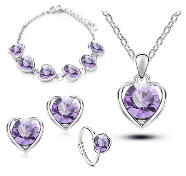 Moonrocy, Розовое золото Цвет Кристалл ожерелье серьги кольцо браслет ювелирный набор в форме сердца фиолетовый зеленый для женщин - Окраска металла: 4