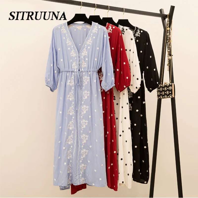 

Embroidery Floral Vintage Midi Dress Swimwear 2019 Ladies Cotton Slim Casual Tunics Kaftan Beach Dress gravida Summer Boho Dress