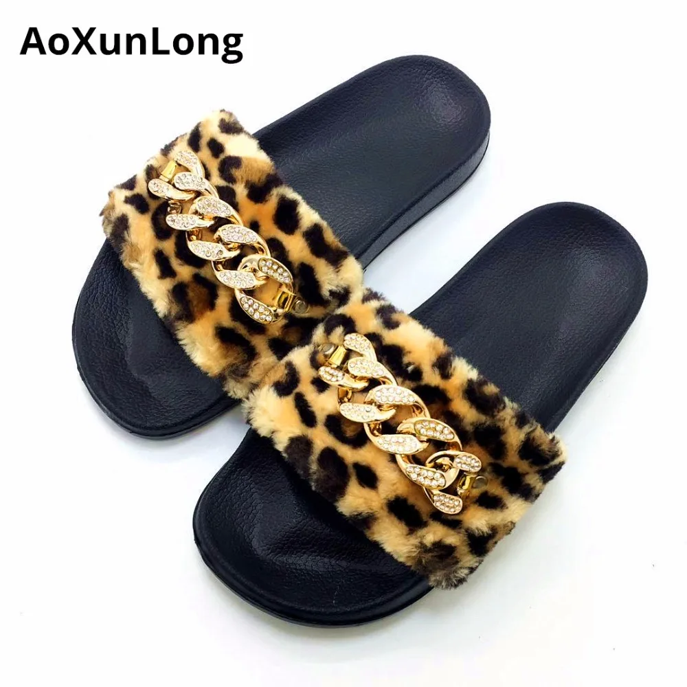 

AoXunLong Fashion New Shiny Diamond Slippers Women Furry Home Slippers Women Leopard Pink EU 36-41 Size Ladies Indoor Slippers
